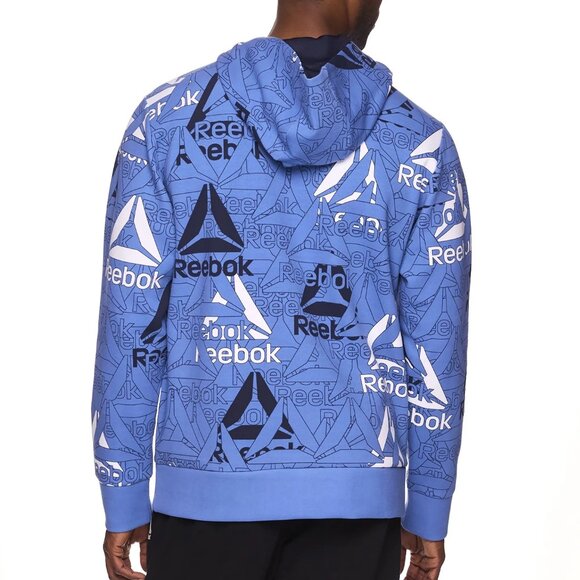 Men's Pullover Hoodie Breathable All Over Reebok Logo with Pockets Blue Size 2XL - Picture 3 of 8